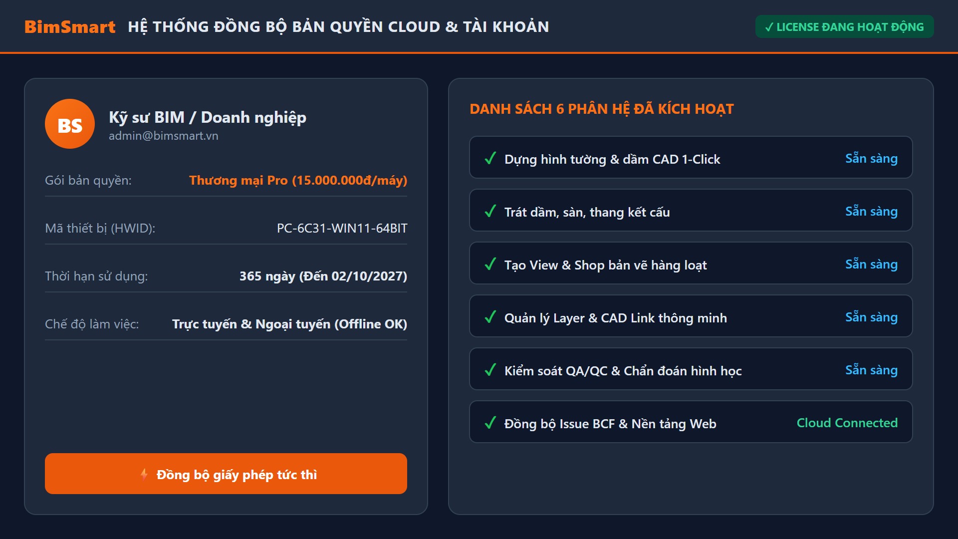Đăng nhập tài khoản Google và quản lý bản quyền Cloud BimSmart