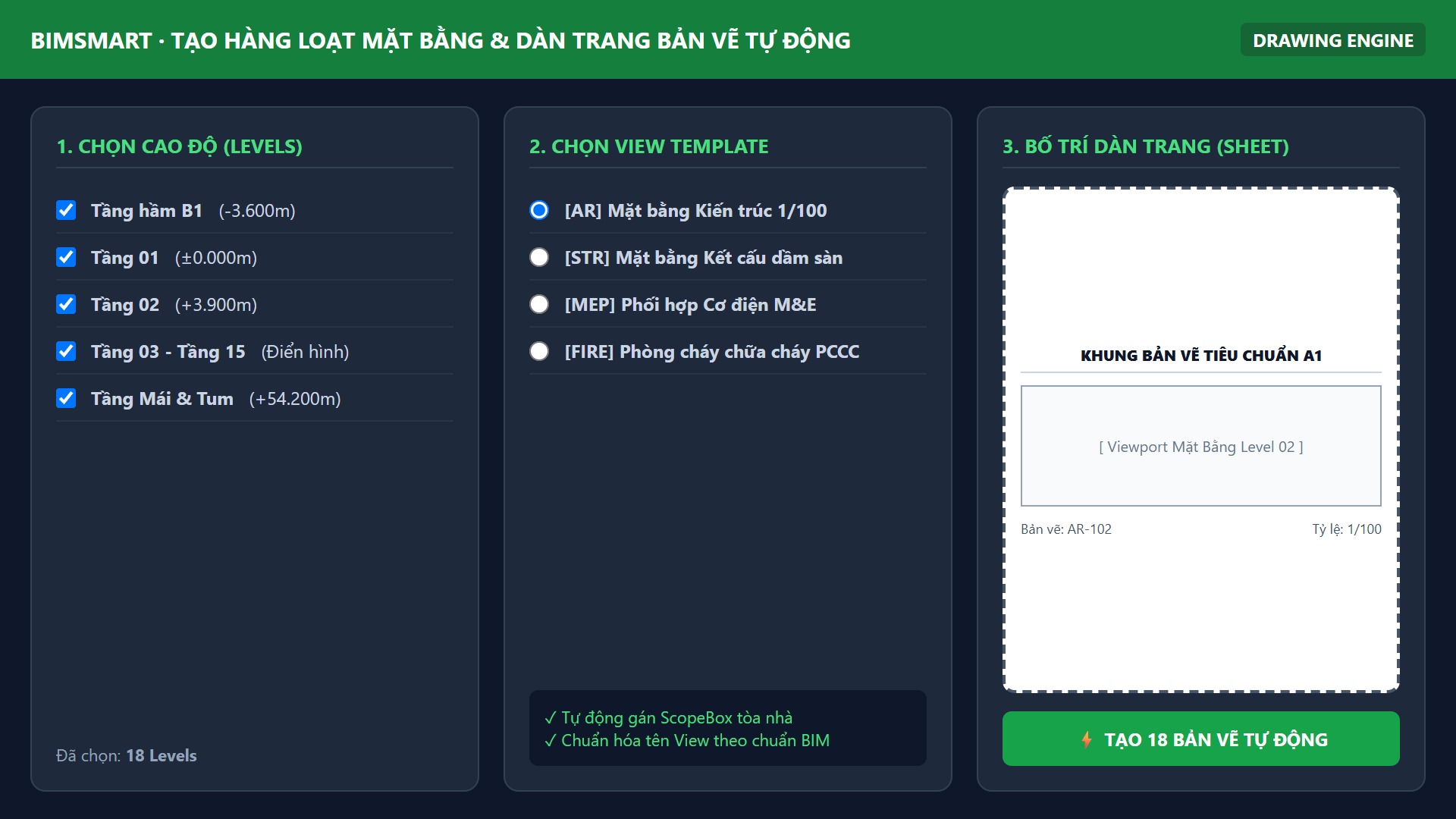 Tạo hàng loạt mặt bằng và dàn trang bản vẽ tự động