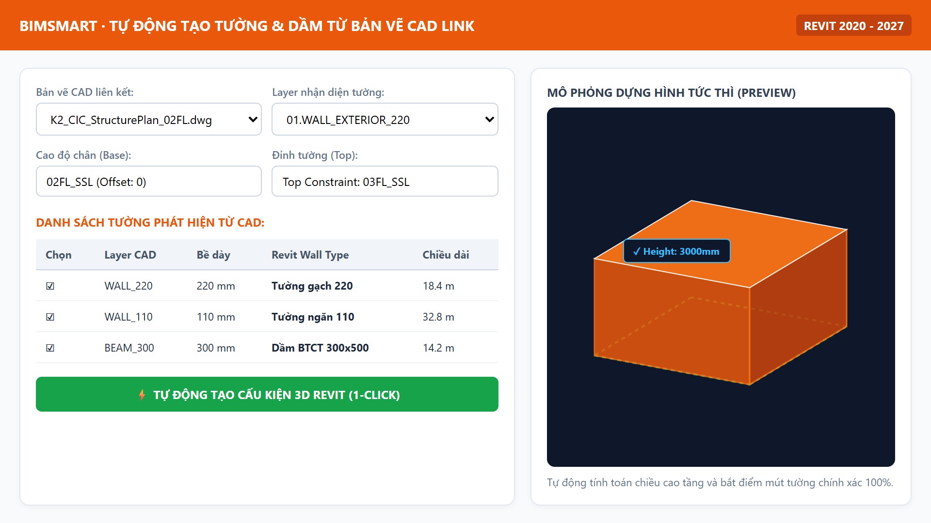 Tự động tạo tường và dầm từ bản vẽ CAD Link